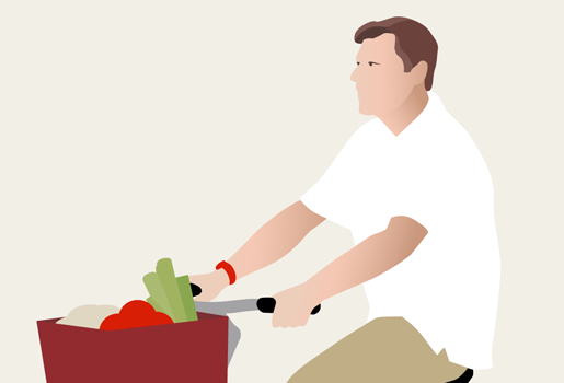 Illustratie van fietsende man met eten in zijn mandje
