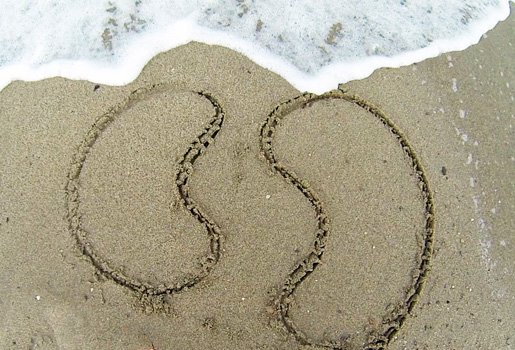 Twee nieren getekend in het zand