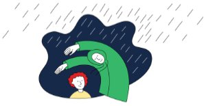 Illustratie van persoon die jongetje beschermd tegen de regen