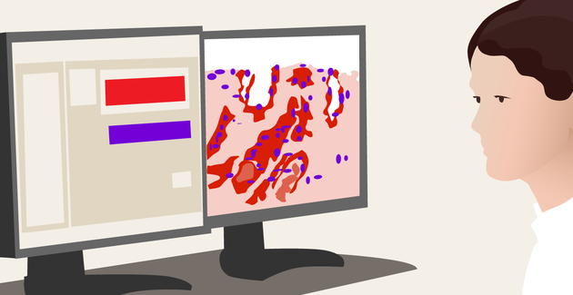 Illustratie van een persoon in een witte jas die naar twee computer monitoren kijkt.