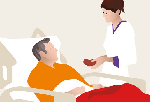 Je ziet een illustratie van een persoon in bed en een arts
