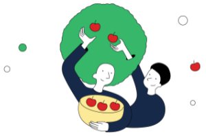 Illustratie van twee mensen die appels plukken